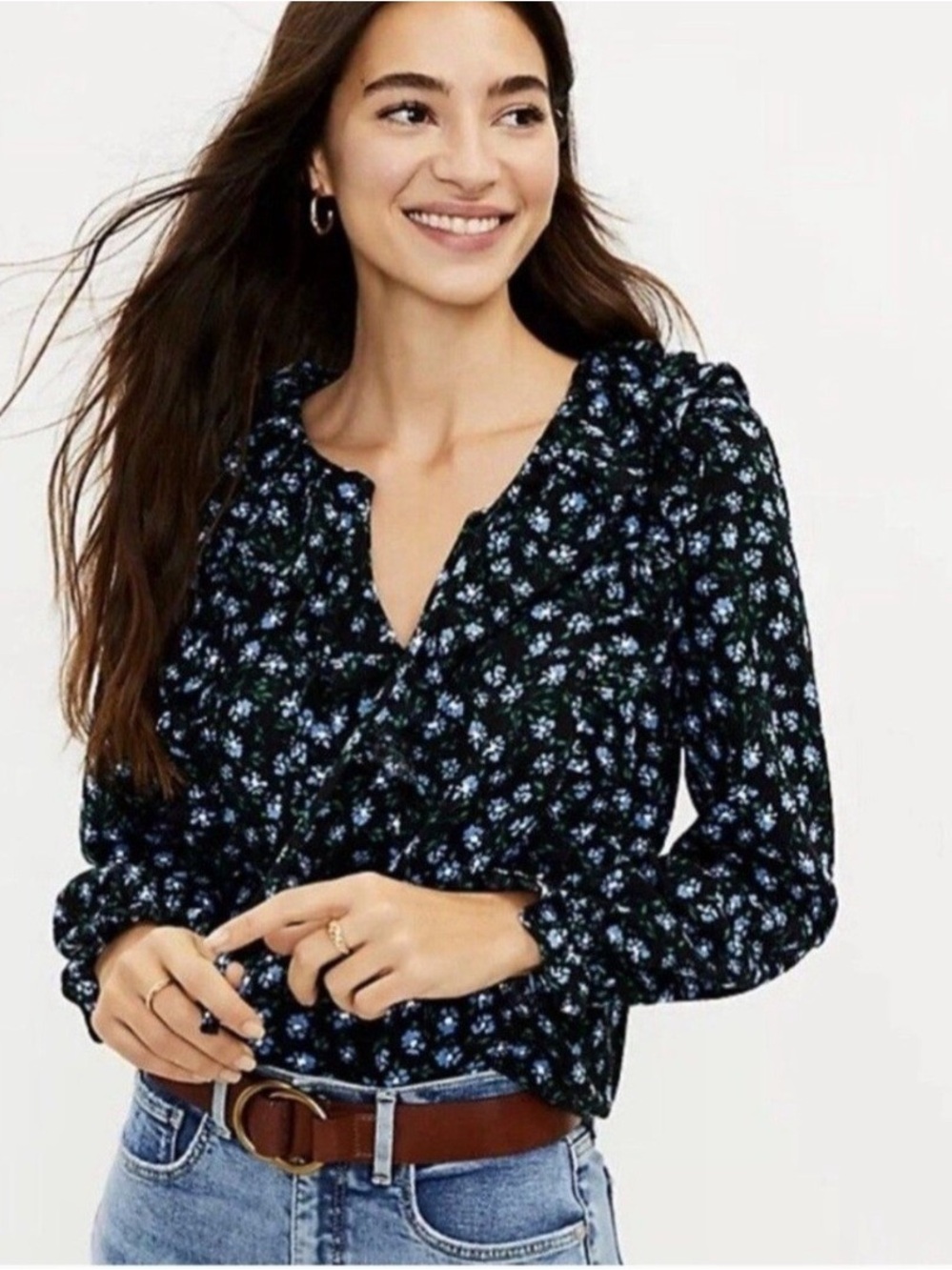 Loft Black Blue Floral Ruffle Blouse Size Small